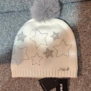 Karl Lagerfeld Paris Women's White knit Beanie with Stars and pom NWT